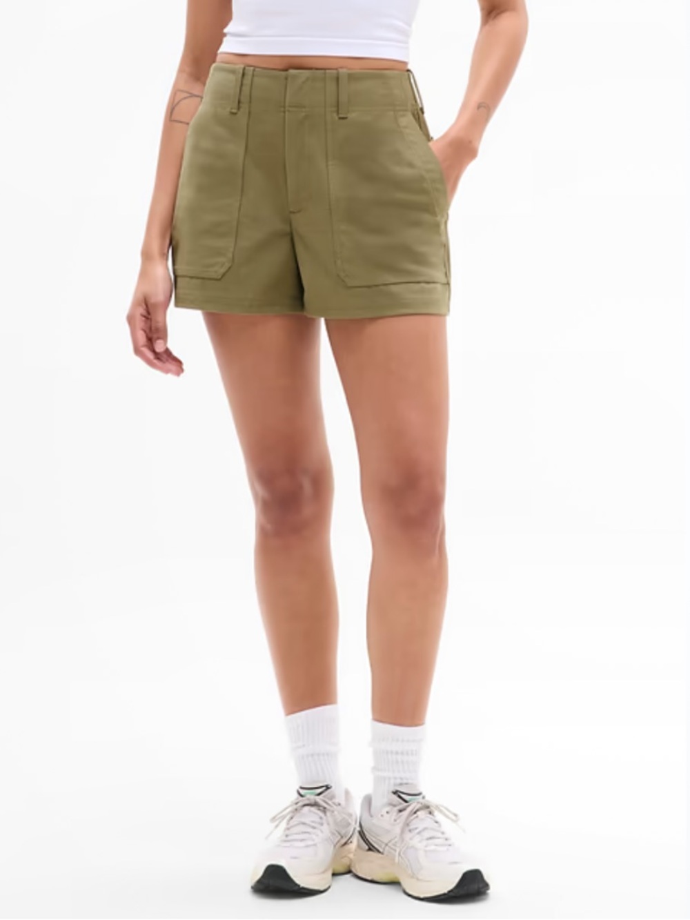 Athleta Skyline High Rise Tailored Olive Green Utility Hiking Athleisure Shorts